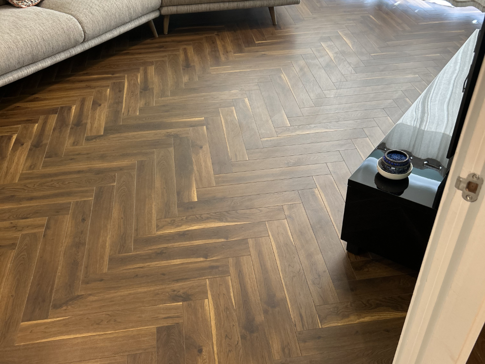 Herringbone flooring in a sitting room